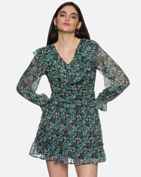 women leaf print shift dress