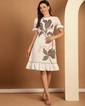 women leaf print shift dress