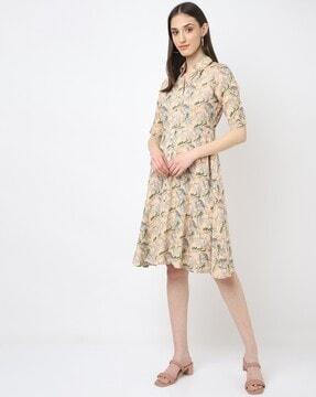 women leaf print shirt dress