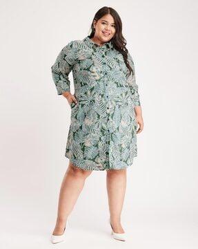 women leaf print shirt dress