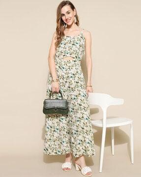 women leaf print sleeveless jumpsuit