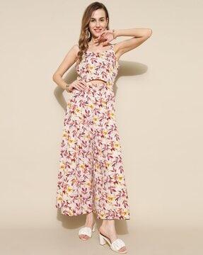 women leaf print sleeveless jumpsuit