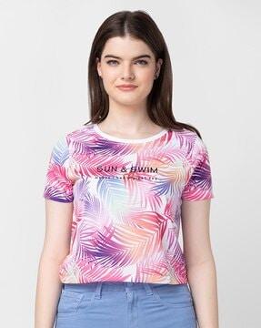 women leaf print slim fit round-neck t-shirt