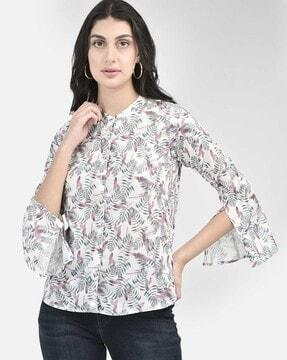 women leaf print slim fit top