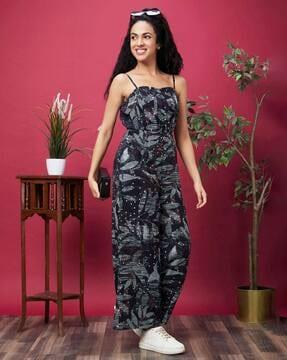 women leaf print square-neck jumpsuits