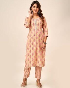 women leaf print straight kurta & pants set