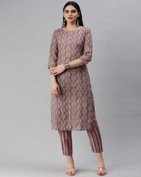 women leaf print straight kurta & pants set