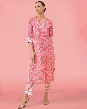 women leaf print straight kurta & pants set