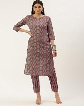 women leaf print straight kurta & pants set