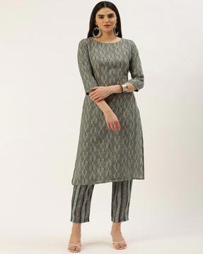 women leaf print straight kurta & pants set