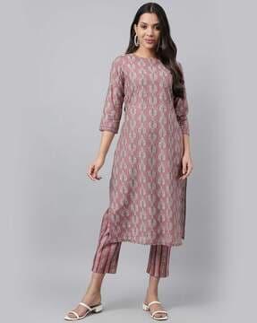 women leaf print straight kurta & pants set