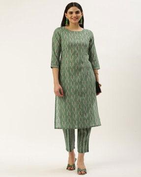 women leaf print straight kurta & pants set