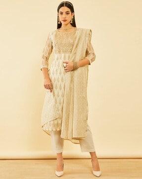 women leaf print straight kurta set with dupatta