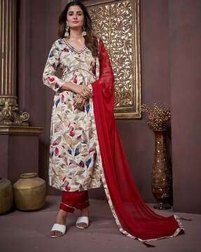 women leaf print straight kurta set with dupatta