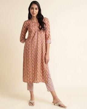 women leaf print straight kurta set