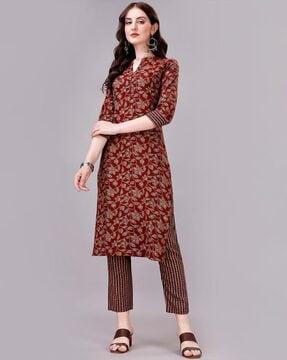 women leaf print straight kurta set