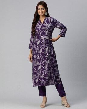 women leaf print straight kurta set