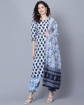 women leaf print straight kurta set