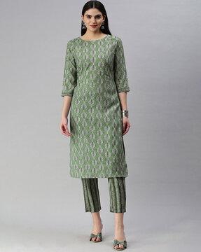 women leaf print straight kurta set