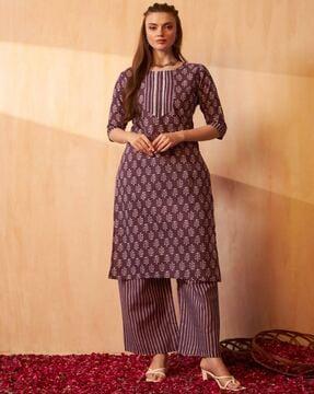 women leaf print straight kurta set