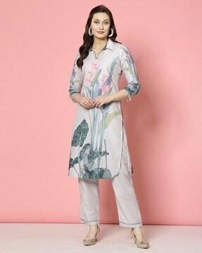 women leaf print straight kurta set