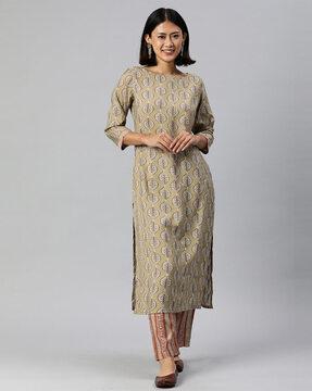 women leaf print straight kurta set