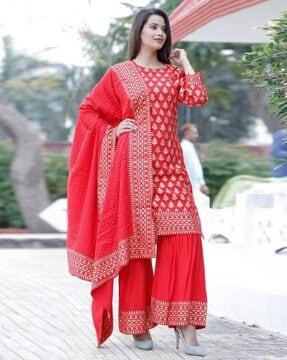 women leaf print straight kurta suit set