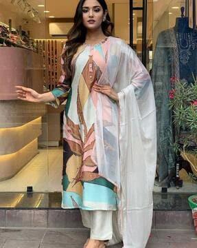 women leaf print straight kurta suit set