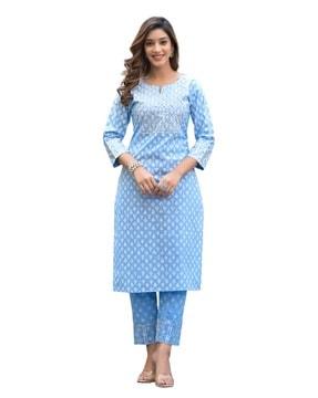 women leaf print straight kurta with pants & dupatta