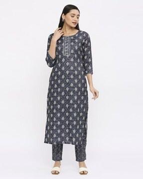 women leaf print straight kurta with pants