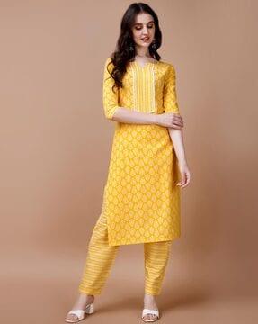 women leaf print straight kurta with pants