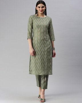 women leaf print straight kurta with pants