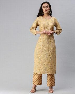 women leaf print straight kurta with pants