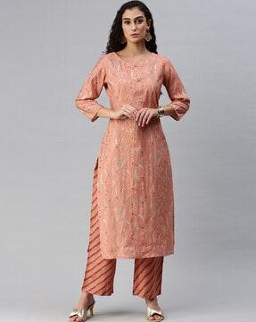 women leaf print straight kurta with pants