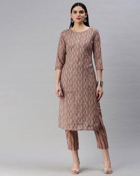 women leaf print straight kurta with pants