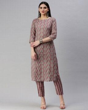 women leaf print straight kurta with pants