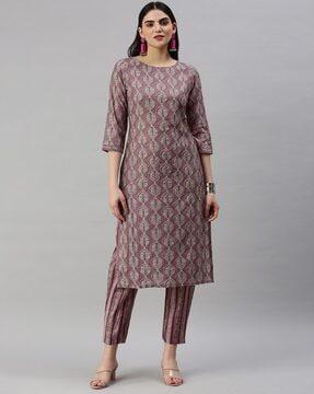 women leaf print straight kurta with pants