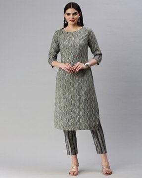 women leaf print straight kurta with pants