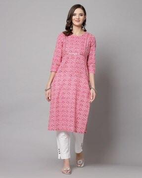 women leaf print straight kurta