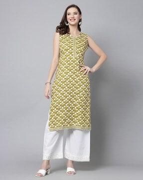 women leaf print straight kurta