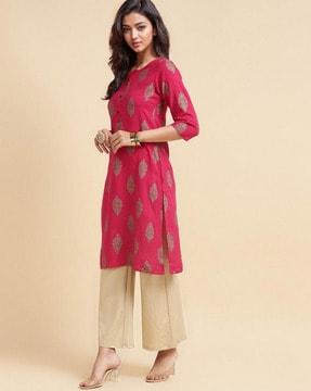 women leaf print straight kurta