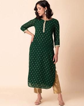 women leaf print straight kurta