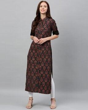 women leaf print straight kurta