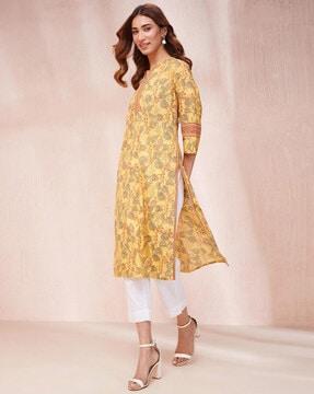 women leaf print straight kurta