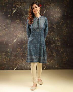 women leaf print straight kurti