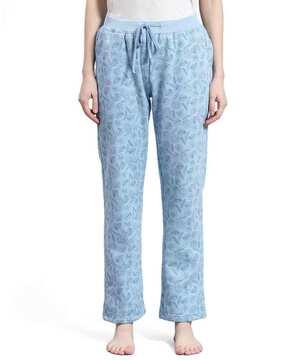 women leaf print straight track pants with elasticated drawstring waist