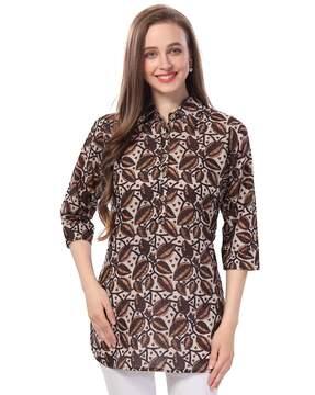 women leaf print straight tunic with button accent