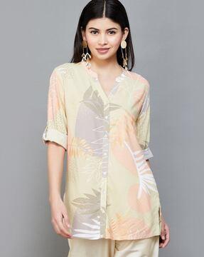 women leaf print straight tunic with roll-up sleeves