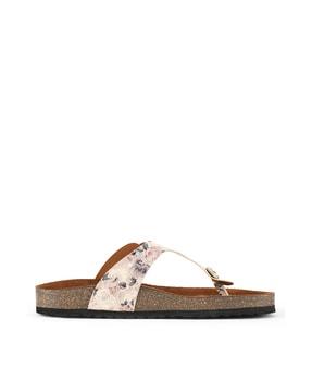 women leaf print t-strap flat-sandals with buckle accent