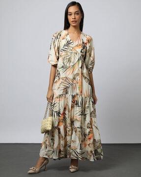 women leaf print tiered dress